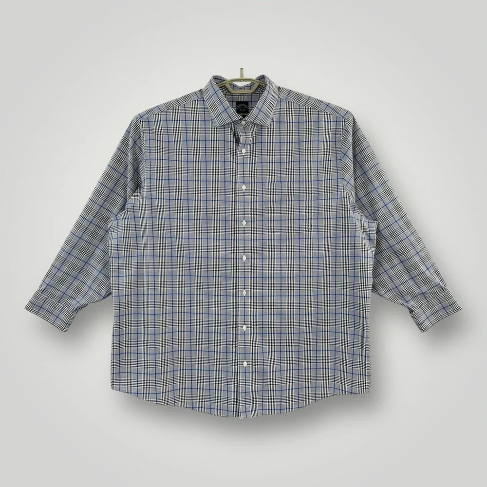 Brooks Brothers Stretch Supima Shirt Mens‎ 19 34/35 Blue Plaid Non Iron Dress